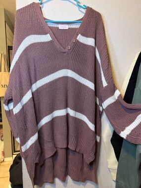 Pink Lily Mauve & White Striped V-Neck Oversized Sweater